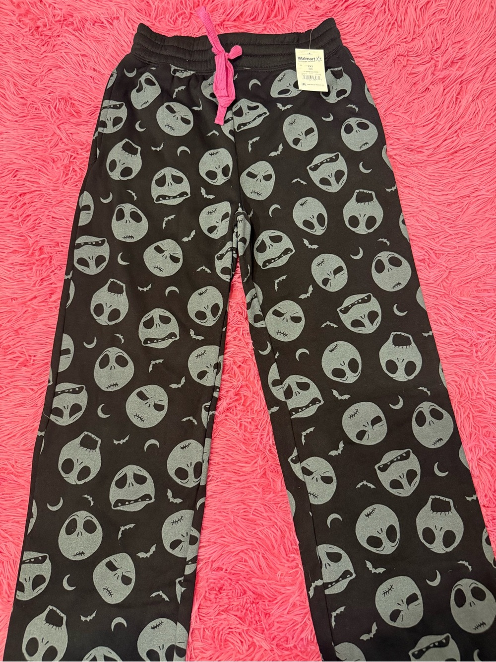 Kids Black Skull-Print Pajama Pants with Pink Drawstring